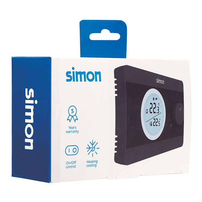 Simon AF521101 Termostato Digital On/Off, Control de Temperatura con Pantalla Retroiluminada, Compatible con Calefacción y Aire Acondicionado, Rango 5°C-30°C, Negro