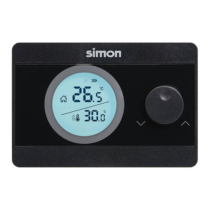 Simon AF521101 Termostato Digital On/Off, Control de Temperatura con Pantalla Retroiluminada, Compatible con Calefacción y Aire Acondicionado, Rango 5°C-30°C, Negro