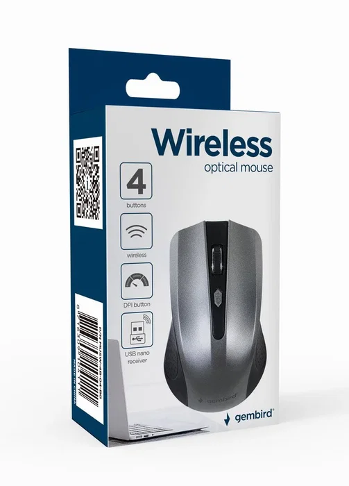 Gembird MUSW-4B-04-BG Ratón Óptico Inalámbrico RF para Oficina 1600 DPI, 4 Botones, Diseño para Mano Derecha, Negro/Gris, 2.4 GHz, Tecnología de Ahorro de Energía