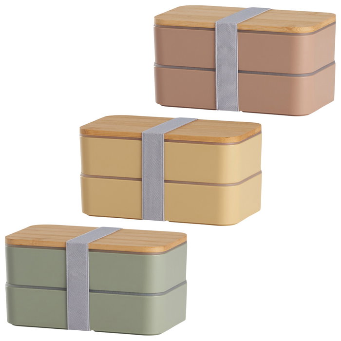 Day Fiambrera 2 Pisos Con Cubiertos, Tapa Bambú, 700ml, Colores Naturales