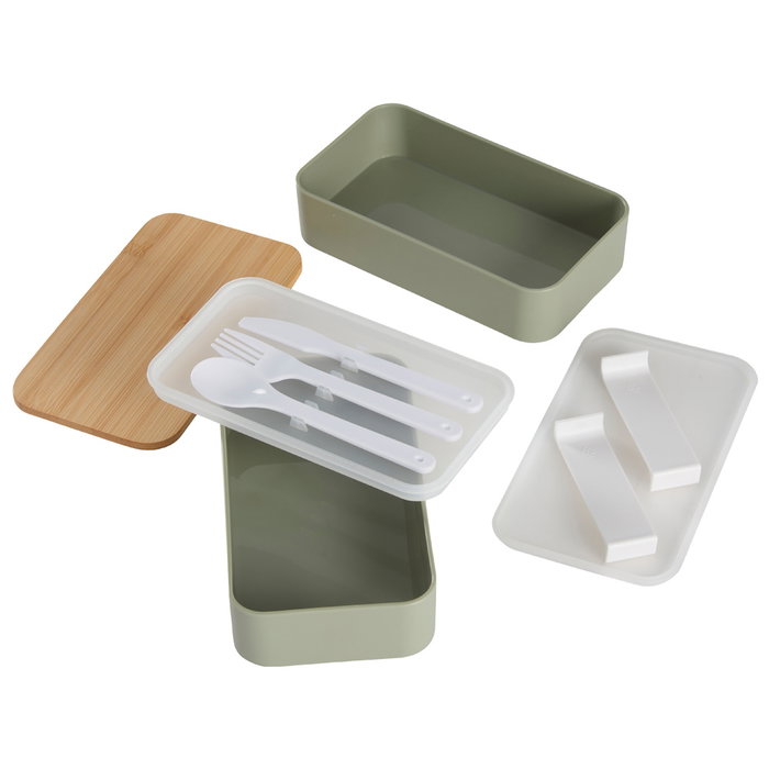 Day Fiambrera 2 Pisos Con Cubiertos, Tapa Bambú, 700ml, Colores Naturales