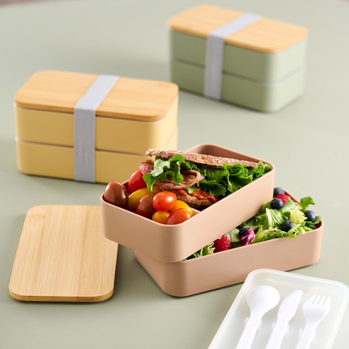 Day Fiambrera 2 Pisos Con Cubiertos, Tapa Bambú, 700ml, Colores Naturales