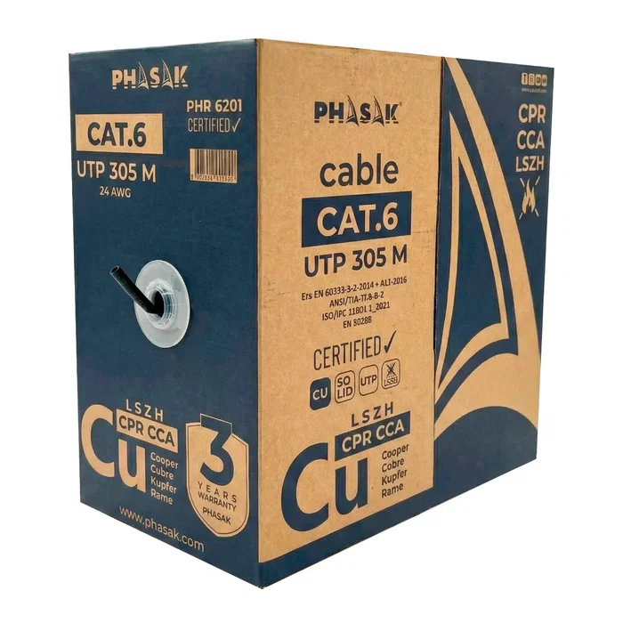 PHASAK PHR 6201 Bobina de Cable de Red UTP Categoría 6 (Cat.6) LSZH CPR Cca - Conductor de Cobre Sólido AWG24, 305 Metros, para Cableado Estructurado, Gigabit Ethernet