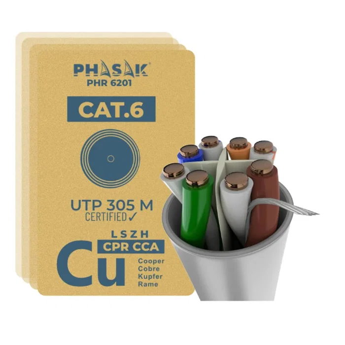 PHASAK PHR 6201 Bobina de Cable de Red UTP Categoría 6 (Cat.6) LSZH CPR Cca - Conductor de Cobre Sólido AWG24, 305 Metros, para Cableado Estructurado, Gigabit Ethernet