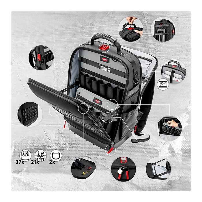 Knipex 00 21 50 E Werkzeugrucksack Modul X18 - 22 Herramientas, Alicates de Punta Fina, Linesman's Pliers, Cortador de Cable, Pelacables, Martillo, Rizador Eléctrico, 530x217x549 mm