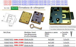 Cerradura de sobreponer para mueble 500/30 mm con llave Zamac A42 Oro