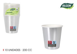 Algon Set 10 Vasos Cartón Plata 200cc (7x7.8x7 cm) (18 Unidades)