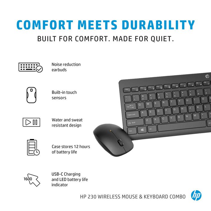 HP Combo Teclado y Ratón Inalámbrico 230, Diseño Cómodo y Silencioso, Batería de Larga Duración, Productividad Diaria