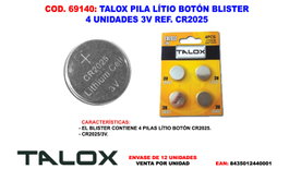 TALOX Pila de Litio CR2025 3V 170 mAh, Blíster de 4 unidades