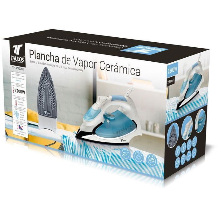 Thulos Plancha de Vapor TH-PV2201, 2200W, Revestimiento Cerámico, Azul, 250ml, Golpe de Vapor, Vertical, Antical