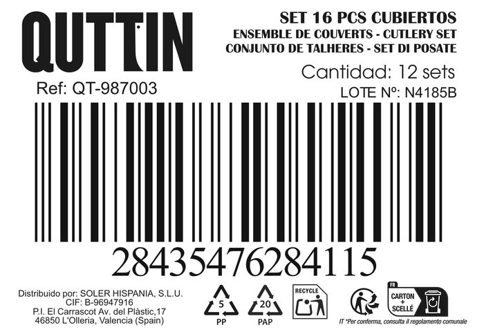 Inde Set 17 Piezas Cubiertos Mango Plástico Band.Qt "Doio" (6 Cajas)