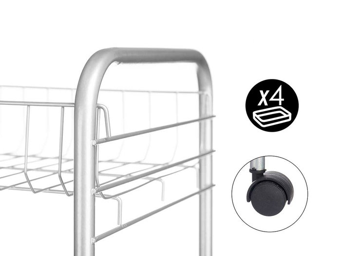 Kinvara Verdulero 4 Pisos Metálico con Ruedas Plata 26.5 x 8.5 x 82 cm (Set de 4)