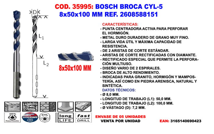 BOSCH Broca para Hormigón CYL-5 Longlife 8x50 mm BOSCH Broca para Hormigón CYL-5 Longlife 8x50 mm