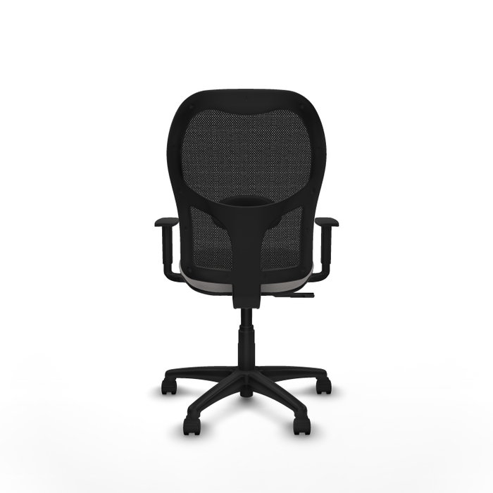 Silla de oficina Alocén con mecanismo Sincro tapizada con Similpiel color Blanco y malla color Negro. Equipada con lumbar 1D, Brazos 1D y Ruedas de nailon 50 mm