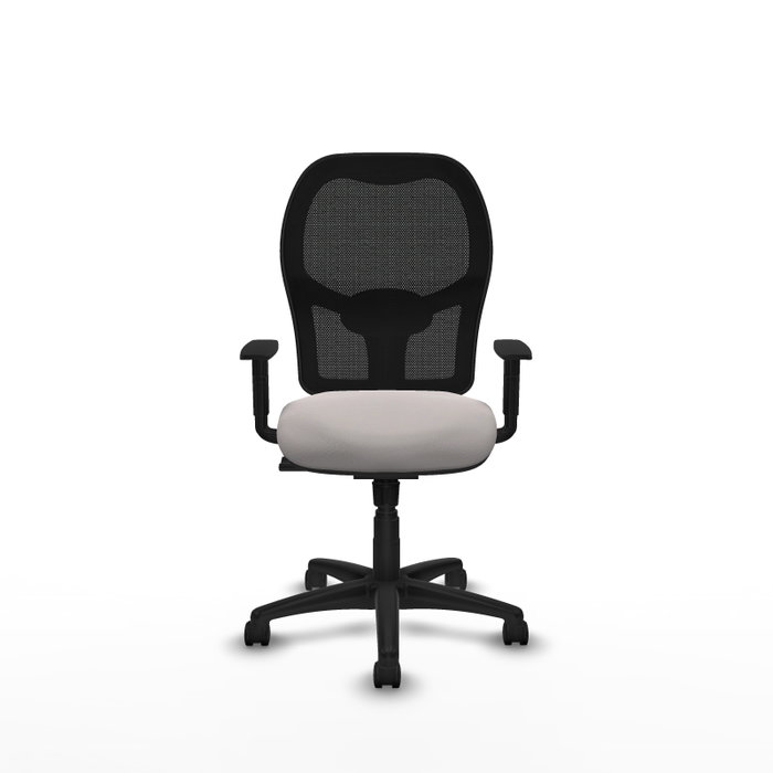 Silla de oficina Alocén con mecanismo Sincro tapizada con Similpiel color Blanco y malla color Negro. Equipada con lumbar 1D, Brazos 1D y Ruedas de nailon 50 mm