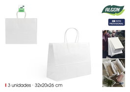 Algon Set de 3 Bolsas de Papel Blancas 32 cm x 20 cm x 26 cm (24 Unidades)