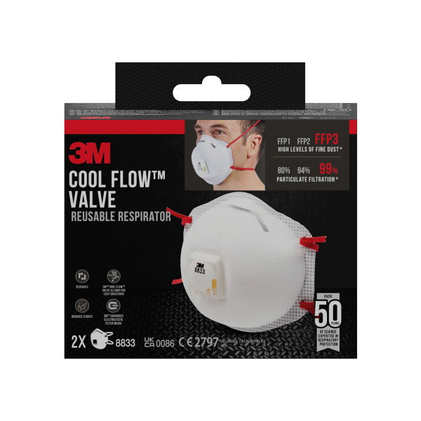 3M Mascarilla FFP3 con válvula 8833C2 pack de 2 unidades 3M Mascarilla FFP3 con válvula 8833C2 pack de 2 unidades
