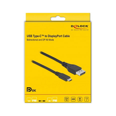 DeLOCK Cable USB Tipo C bidireccional a DisplayPort (Modo DP Alt) 8K 60 Hz 1.5 m certificado DP 8K, Negro, CH7213, CH7213