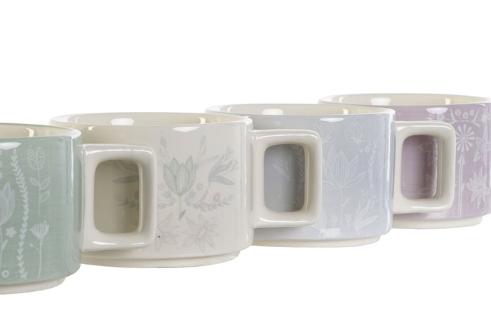 DKD Home Decor Set de 4 Tazas 260 ml Lineas 2023 Scandi Verde Azul Celeste Dolomita 11 x 27 x 11 cm