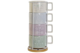 DKD Home Decor Set de 4 Tazas 260 ml Lineas 2023 Scandi Verde Azul Celeste Dolomita 11 x 27 x 11 cm