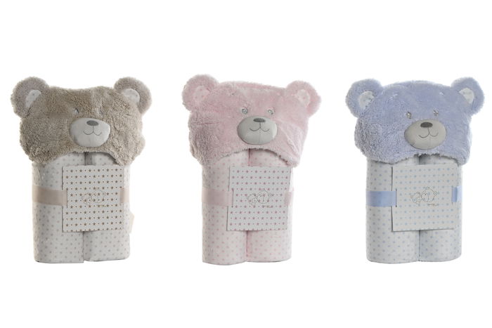 DKD Home Decor Manta para bebé Rosa, Azul, Beige, Poliéster con Capucha, 75 x 100 cm