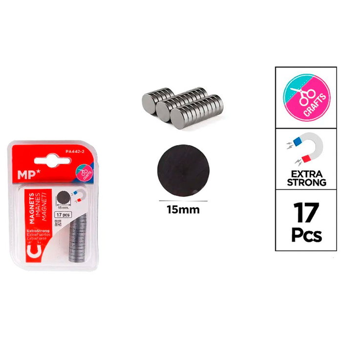 MP Imanes de sujeción extrafuertes Ø15 mm, 17 uds, blister para pizarras magnéticas MP Imanes de sujeción extrafuertes Ø15 mm, 17 uds, blister para pizarras magnéticas