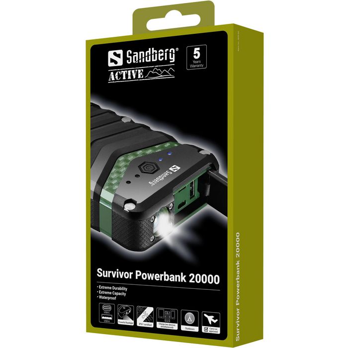 Sandberg Survivor Powerbank 20000 mAh Batería Externa IP67 Resistente al Agua y Linterna LED Carga 2 Dispositivos