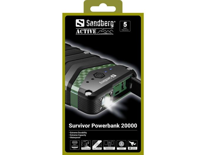 Sandberg Survivor Powerbank 20000 mAh Batería Externa IP67 Resistente al Agua y Linterna LED Carga 2 Dispositivos