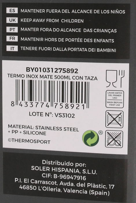 Thermosport - Termo de Acero Inoxidable para Mate, 500 ml, Color Mate, Incluye Taza (8 Unidades)