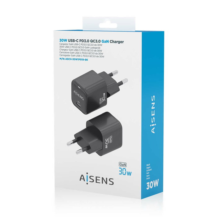 Aisens Cargador GaN 30W USB-C Negro ASCH-30W1P019-BK