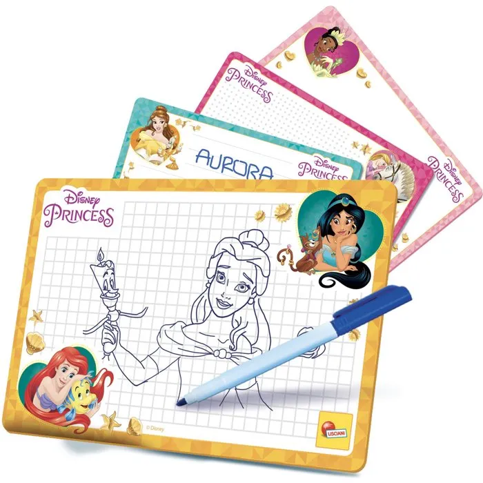 Liscianigiochi AAABF69684 Juego Estudio de Dibujo de Bolsillo Princesas - Kit de Dibujo Portátil con 4 Pizarras Borrables y Rotuladores - Para mayores de 3 años