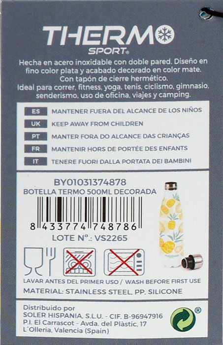 Thermosport Botella Termo 500Ml Decorada 7.5x27cm (6 Unidades)