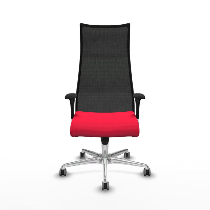 Sillón Albacete con mecanismo Sincro tapizada con Tela color Rojo y malla color Negro. Equipado con Base aluminio, Brazos 1D y Ruedas 65 mm parqué