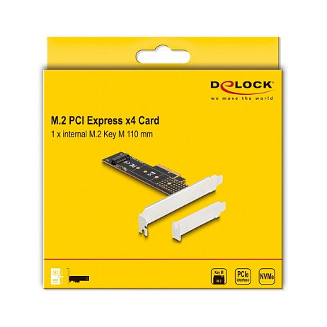 DeLOCK Tarjeta PCIe x4 a NVMe M.2 Interno, 1 Ranura Key M 110 mm, Factor de Forma Low Profile, PCIe 4.0, para PC Windows y Linux, Negro