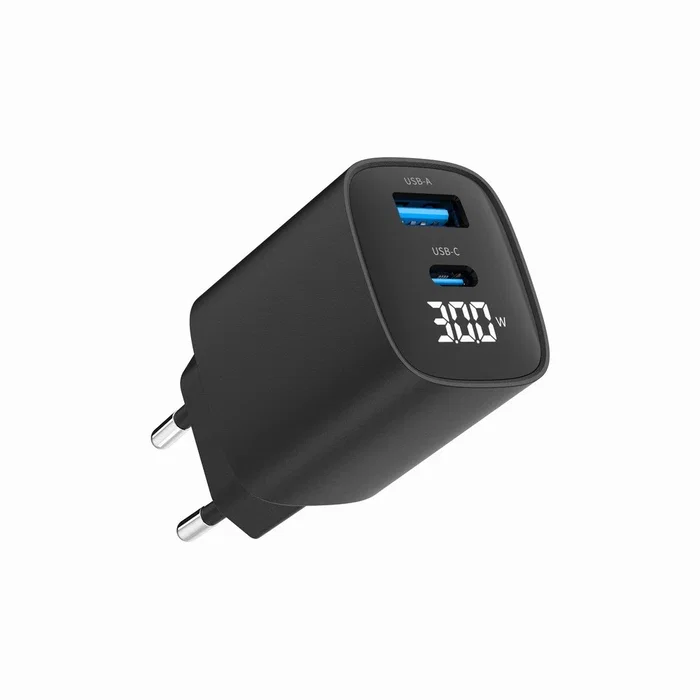 Gembird TA-UC-PDQC30LCD-BK-01 Cargador Rápido 30 W con USB-C, USB-A y Pantalla LCD Negro