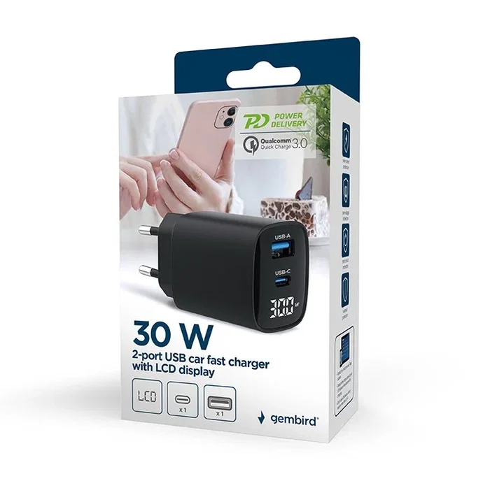 Gembird TA-UC-PDQC30LCD-BK-01 Cargador Rápido 30 W con USB-C, USB-A y Pantalla LCD Negro