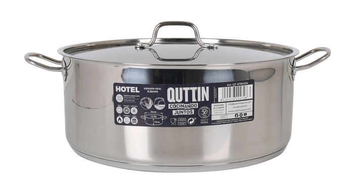 Quttin Cacerola con Tapa de Acero Inoxidable 34 cm, Espesor 0.8 mm, Capacidad 12.5 Litros (2 Unidades)