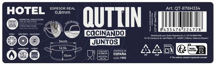Quttin Cacerola con Tapa de Acero Inoxidable 34 cm, Espesor 0.8 mm, Capacidad 12.5 Litros (2 Unidades) Quttin Cacerola con Tapa de Acero Inoxidable 34 cm, Espesor 0.8 mm, Capacidad 12.5 Litros (2 Unidades)