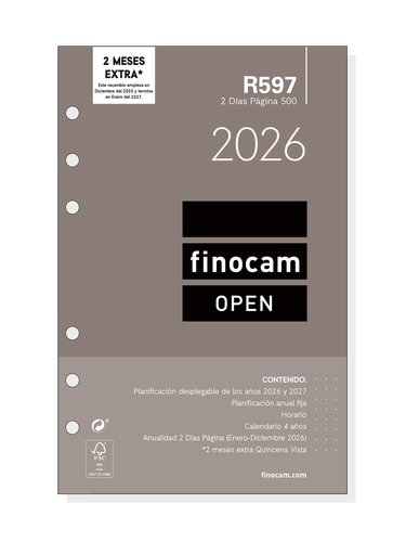 Finocam Recambio Anual Agenda de Anillas Open R597 2026 117x181mm