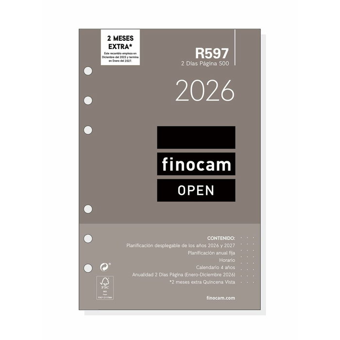 Finocam Recambio Anual Agenda de Anillas Open R597 2026 117x181mm