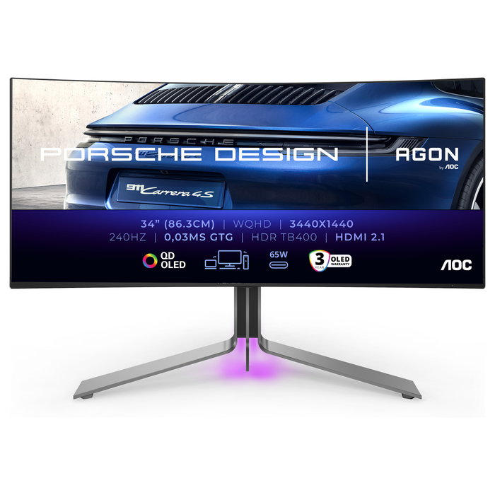 AOC AGON PRO PD34 Monitor Gaming Curvo 34" (86,4 cm) WQHD 3440x1440 QD-OLED, 240 Hz, 0.03 ms, FreeSync, HDR400 True Black, KVM, USB-C 65W, Negro