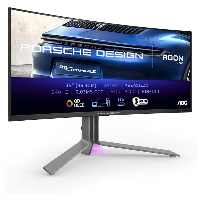 AOC AGON PRO PD34 Monitor Gaming Curvo 34" (86,4 cm) WQHD 3440x1440 QD-OLED, 240 Hz, 0.03 ms, FreeSync, HDR400 True Black, KVM, USB-C 65W, Negro