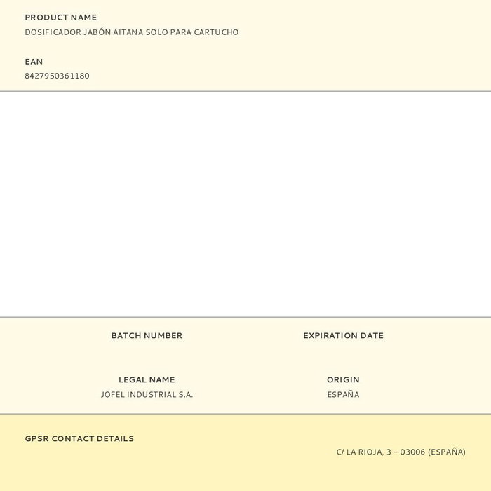 Jofel AC73000 Dosificador de Jabón Aitana para Cartucho, 1 L Jofel AC73000 Dosificador de Jabón Aitana para Cartucho, 1 L