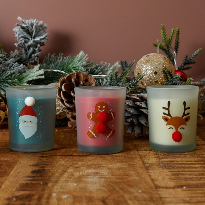 Home Deco Factory Vela Perfumada Noel en Vaso de Vidrio con Pompón - Colección Noel, Aroma Surtido, Cera 45g, Duración 8h