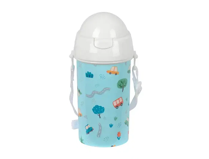 Safta Botella de 500 ml con Apertura Automática y Pajita Coches Preescolar
