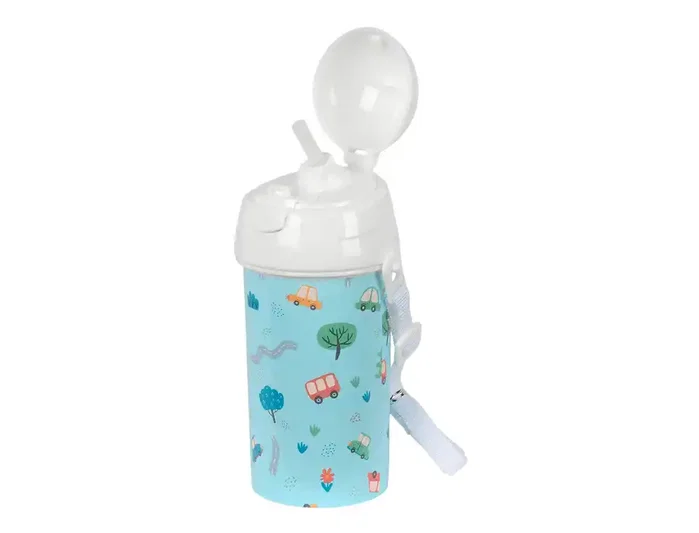 Safta Botella de 500 ml con Apertura Automática y Pajita Coches Preescolar