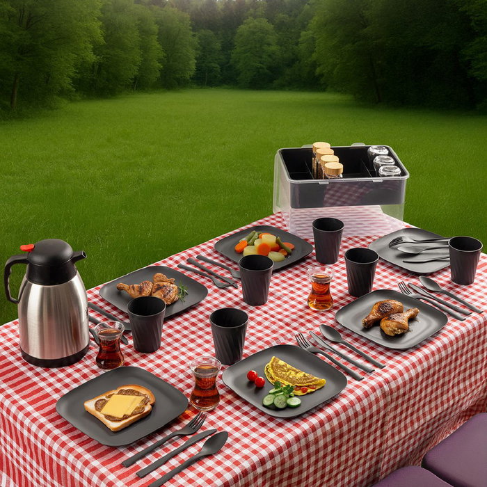 Hermia Dp-71 Set de Picnic Antracita de Plástico Resistente con 6 Platos, Vasos, Cubiertos y Caja de Almacenamiento Hermia Dp-71 Set de Picnic Antracita de Plástico Resistente con 6 Platos, Vasos, Cubiertos y Caja de Almacenamiento