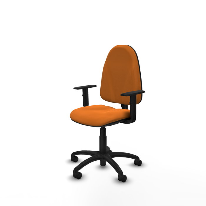 Silla de oficina Algarra con mecanismo Contacto permanente básico tapizada con Similpiel color Naranja. Equipada con Base poliamida negra, Brazos 1D y Ruedas de nailon 50 mm