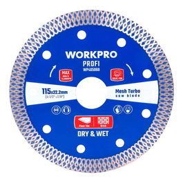 Workpro Disco Diamantado Continuo Mesh Turbo Profi Ø115 x 20 mm - Disco Profesional para Corte de Baldosas, Cerámica y Piedra, Corte Húmedo y Seco
