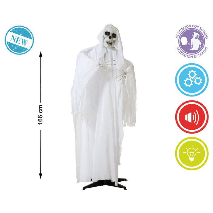 Fantasma Colgante con Capa Blanca y Calavera 166 cm - Activa con Sonido, Movimiento, Luces y Sonidos para Halloween y Decoración Fantasma Colgante con Capa Blanca y Calavera 166 cm - Activa con Sonido, Movimiento, Luces y Sonidos para Halloween y Decoración